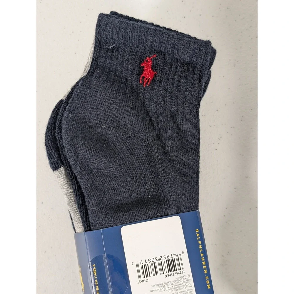 Polo Ralph Lauren Quarter Socks 8 PAIRS Gray Navy Blue Men's Shoe Sizes 6-12.5